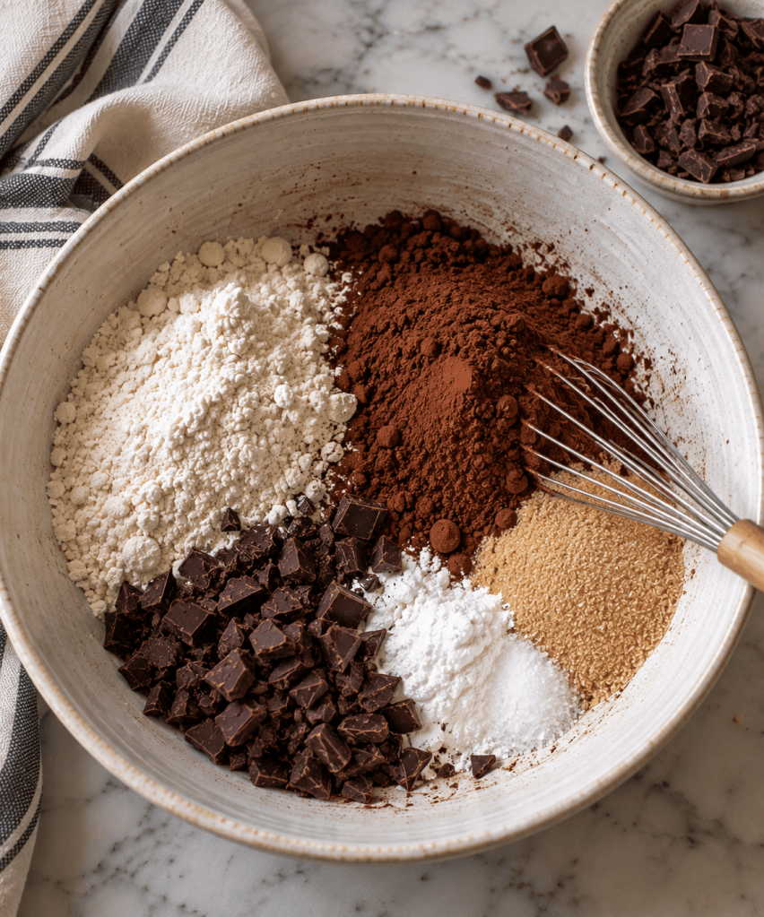 A bowl filled with various baking ingredients including flour, cocoa powder, sugar, salt, and chocolate chunks, with a whisk resting inside the bowl.