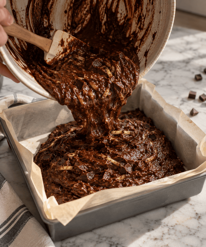 A person pouring thick chocolate batter from a mixing bowl into a rectangular baking pan lined with parchment paper.