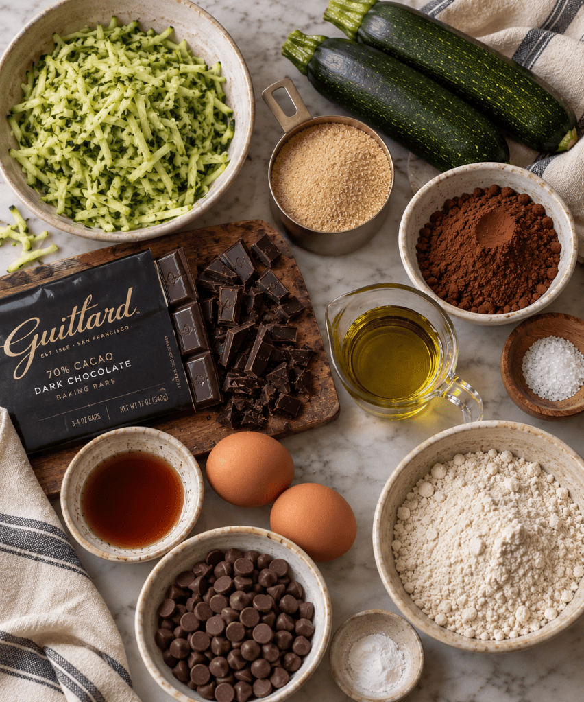 An assortment of baking ingredients arranged on a marble countertop, including shredded zucchini, fresh zucchinis, brown sugar, cocoa powder, dark chocolate, chocolate chips, eggs, olive oil, flour, vanilla extract, and salt, with a kitchen towel in the background.