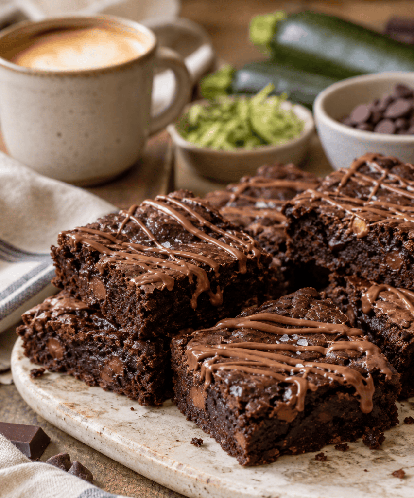 A plate of fudgy chocolate brownies drizzled with chocolate, sprinkled with sea salt, accompanied by a cup of coffee, fresh zucchini, and chocolate chips in bowls.