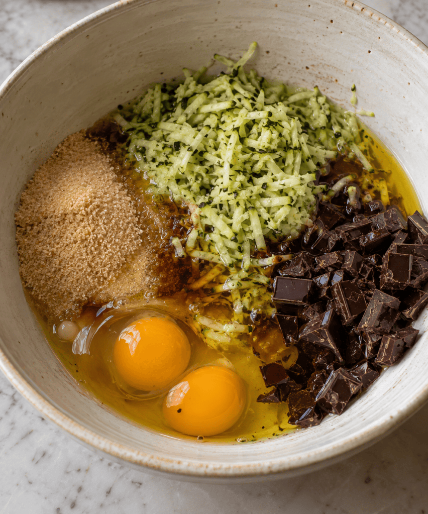 A mixing bowl containing two cracked eggs, shredded zucchini, brown sugar, and chocolate chunks on a marble countertop.