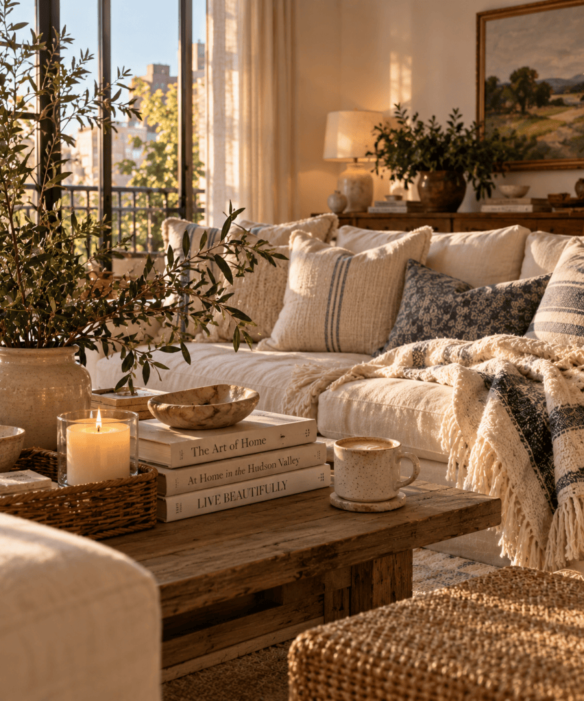 Cozy living room scene featuring a cream-colored sofa adorned with patterned cushions and a soft throw blanket, a wooden coffee table with stacked books, a decorative bowl, a lit candle, and a rustic woven basket, all illuminated by warm sunlight filtering through large windows.