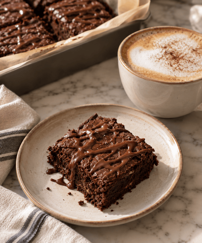 A plate with a chocolate brownie drizzled with chocolate sauce, next to a cup of cappuccino on a marble countertop.