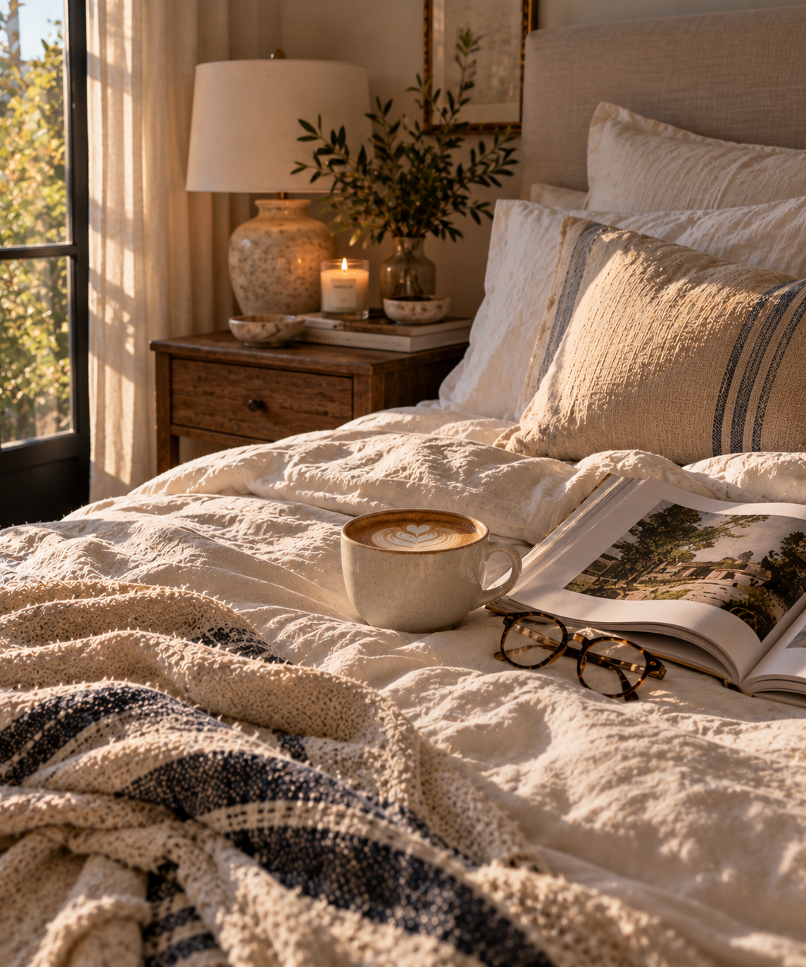 A latte and open book resting on a cream linen bed bathed in soft morning light, with a candle glowing on the nightstand beside a window
