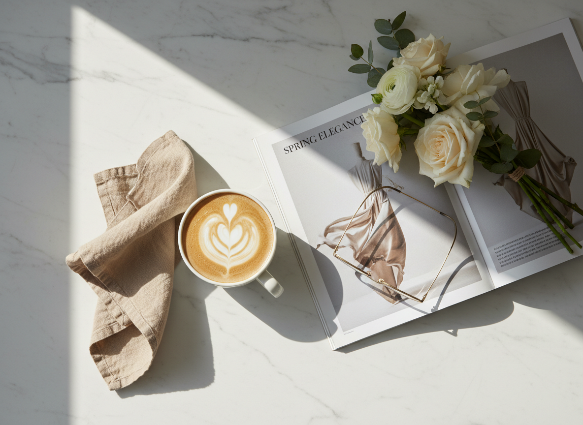 A latte on a marble table styled with flowers and a magazine in warm editorial light