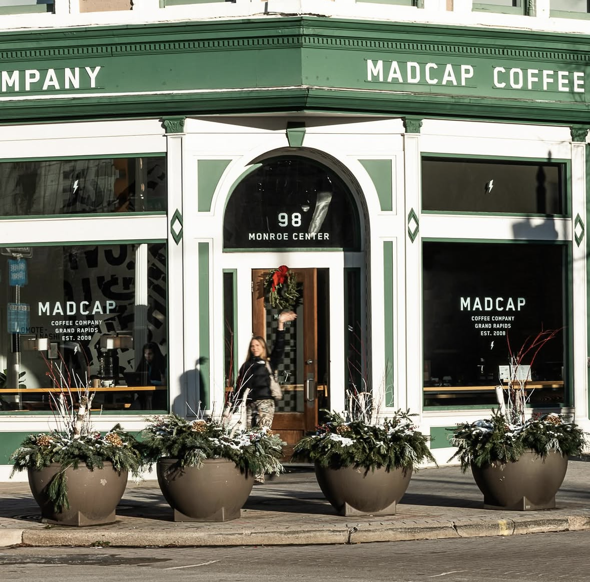 Madcap Coffee — the iconic green-fronted Grand Rapids flagship café at 98 Monroe Center