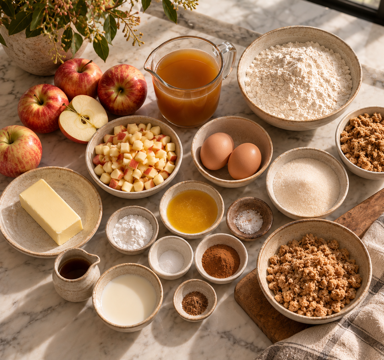Flat lay of all ingredients for apple cider muffins arranged in ceramic bowls on a marble surface — apples, cider, gluten-free flour, eggs, butter, spices, and streusel