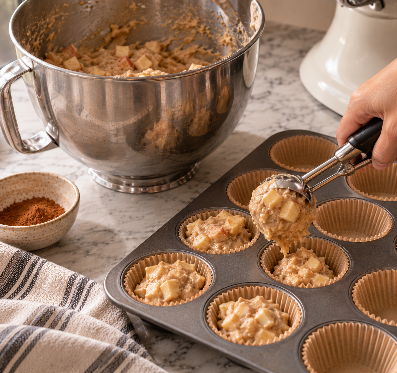 A cookie scoop dropping apple cider muffin batter into parchment-lined muffin cups, with a large stand mixer bowl in the background
