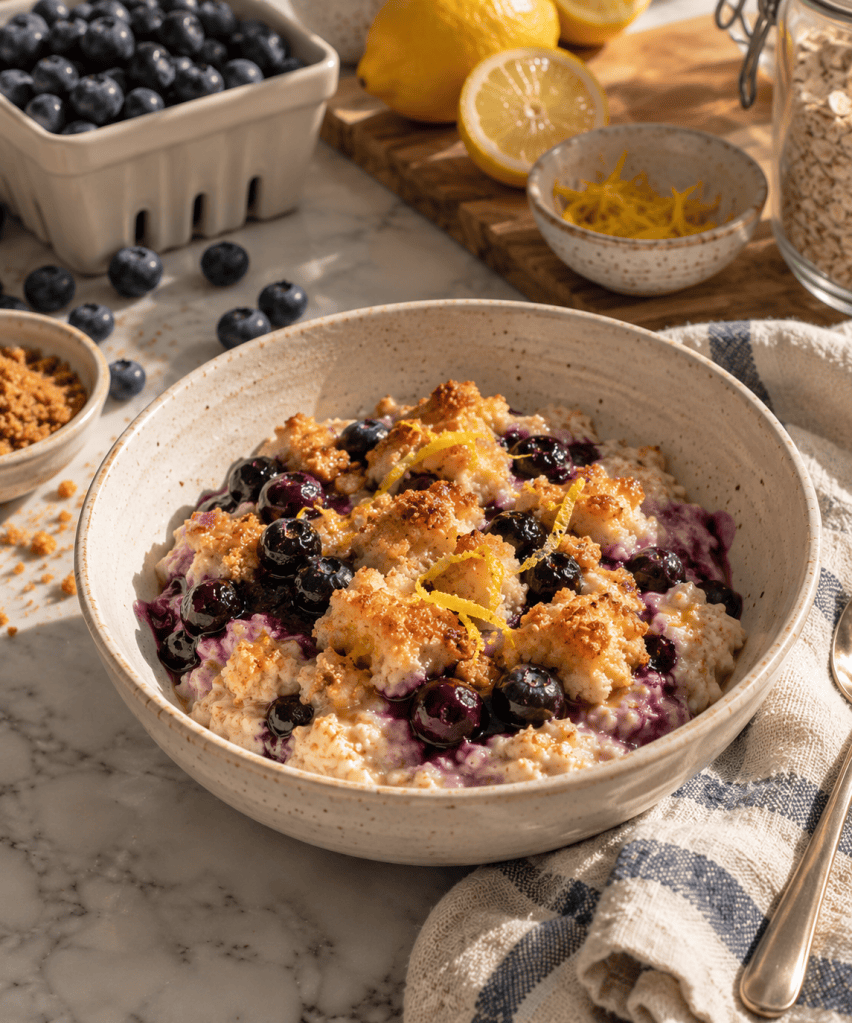 Bowl of baked oatmeal topped with blueberries and oats, garnished with lemon zest, surrounded by fresh blueberries, lemon halves, and a small bowl of lemon zest.