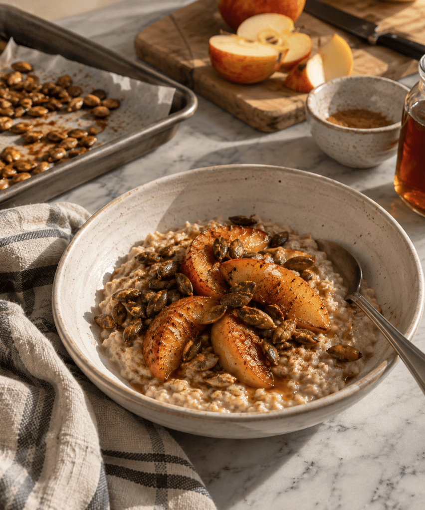 A bowl of oatmeal topped with sliced, caramelized apples and roasted pumpkin seeds, with a drizzle of syrup, on a marble surface.
