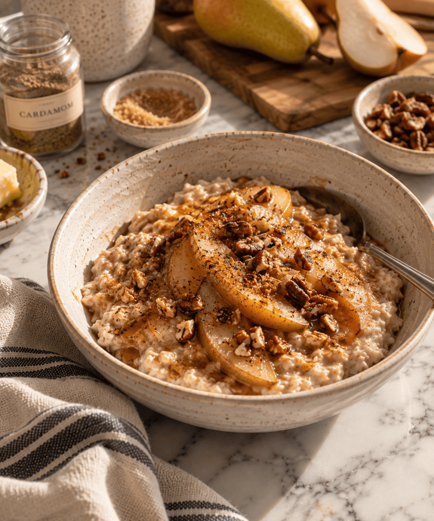 A bowl of oatmeal topped with sliced pears, chopped pecans, and a sprinkle of spices, with a jar of cardamom and additional ingredients in the background.