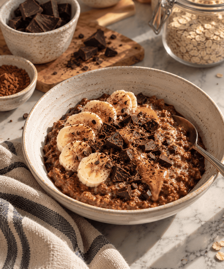 A bowl of chocolate oatmeal topped with banana slices, chocolate chunks, and cocoa powder, with additional ingredients like cocoa powder and oats in the background.