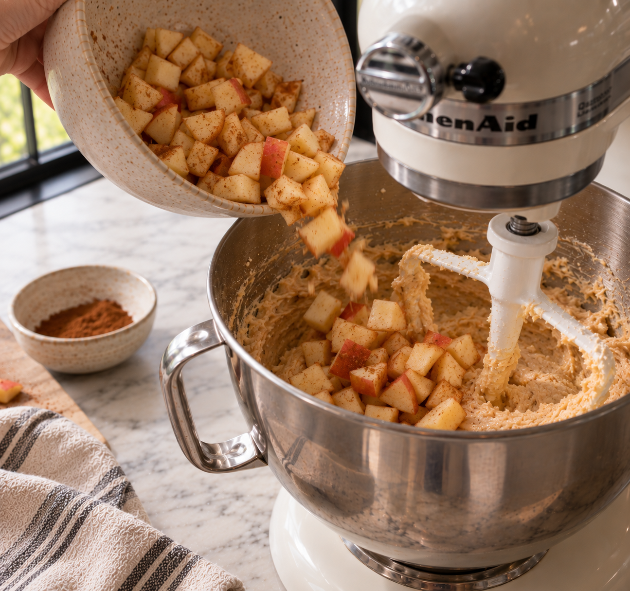 Cinnamon-tossed diced apples being poured from a bowl into a stand mixer with apple cider batter