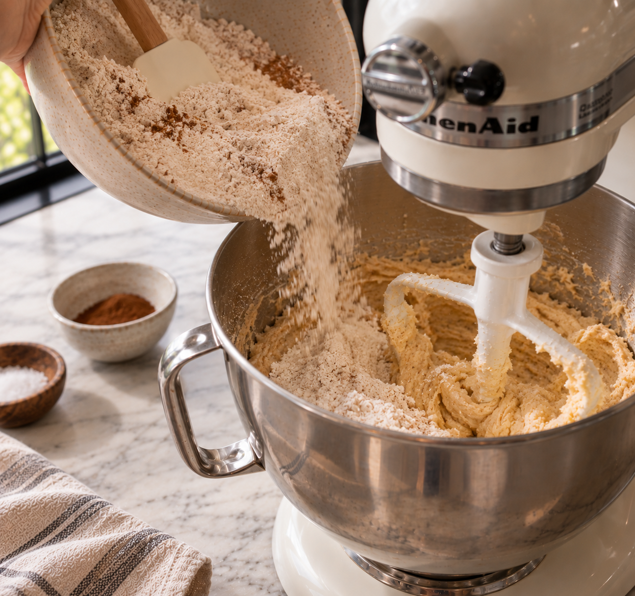 Gluten-free flour and spices being poured from a ceramic bowl into a stand mixer bowl with creamed butter batter