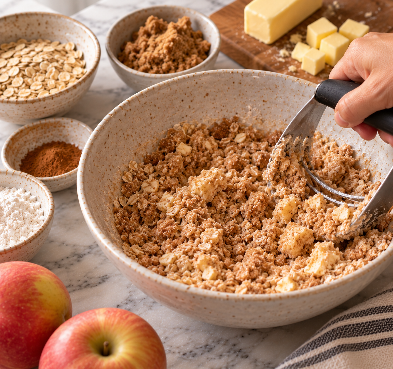 Hands using a pastry cutter to work cold butter into the brown sugar, oat, and flour streusel mixture in a ceramic bowl, with apples nearby