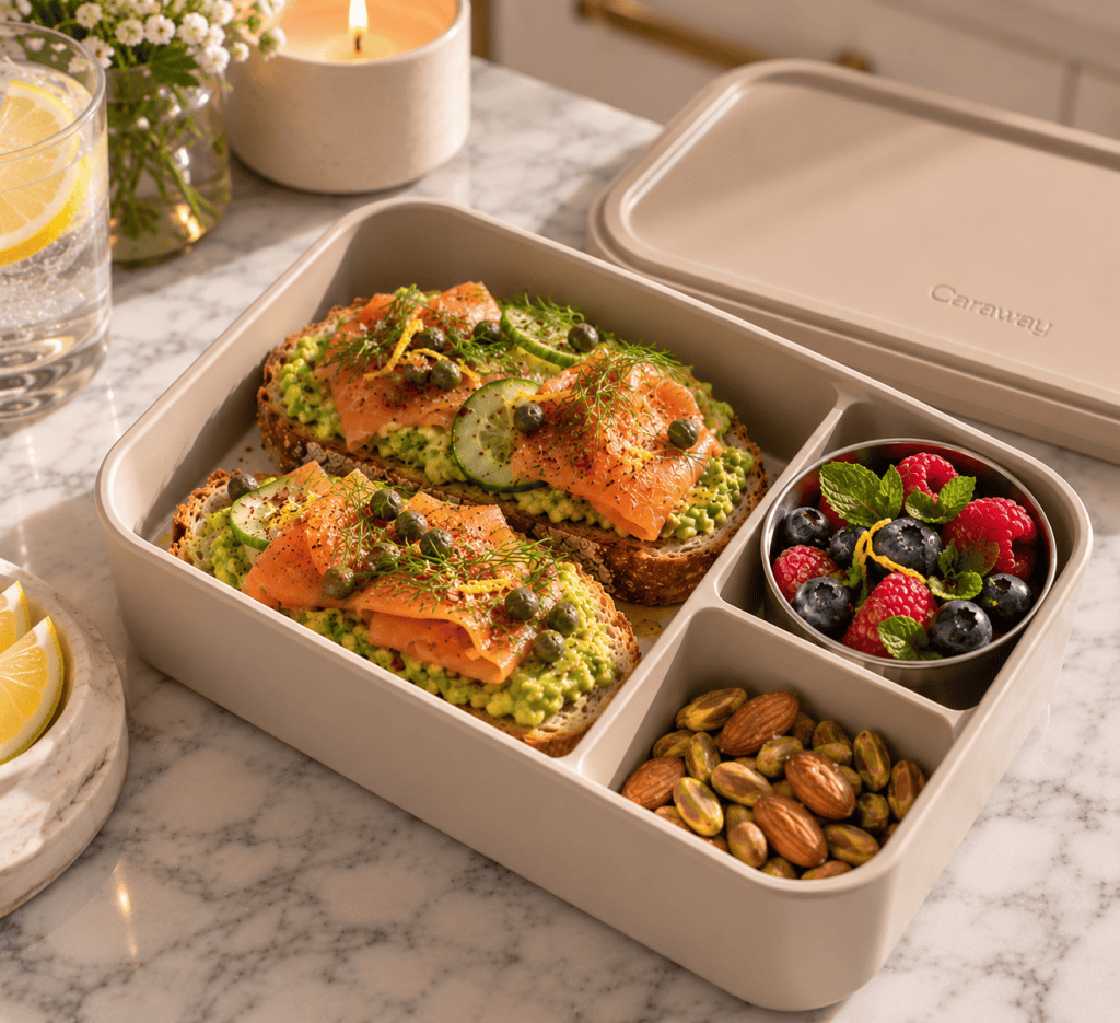 A stylish lunch box containing two avocado toast slices topped with smoked salmon, cucumber, capers, and herbs, alongside a bowl of berries and nuts. The scene includes a glass of water with lemon and a candle in the background.