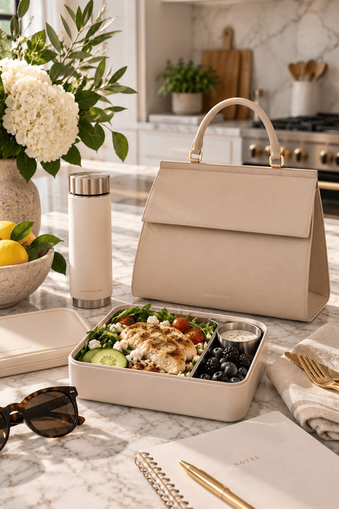 A stylish lunch setup featuring a beige leather handbag, a salad box with grilled chicken, and fresh fruits on a marble countertop next to a vase of flowers.