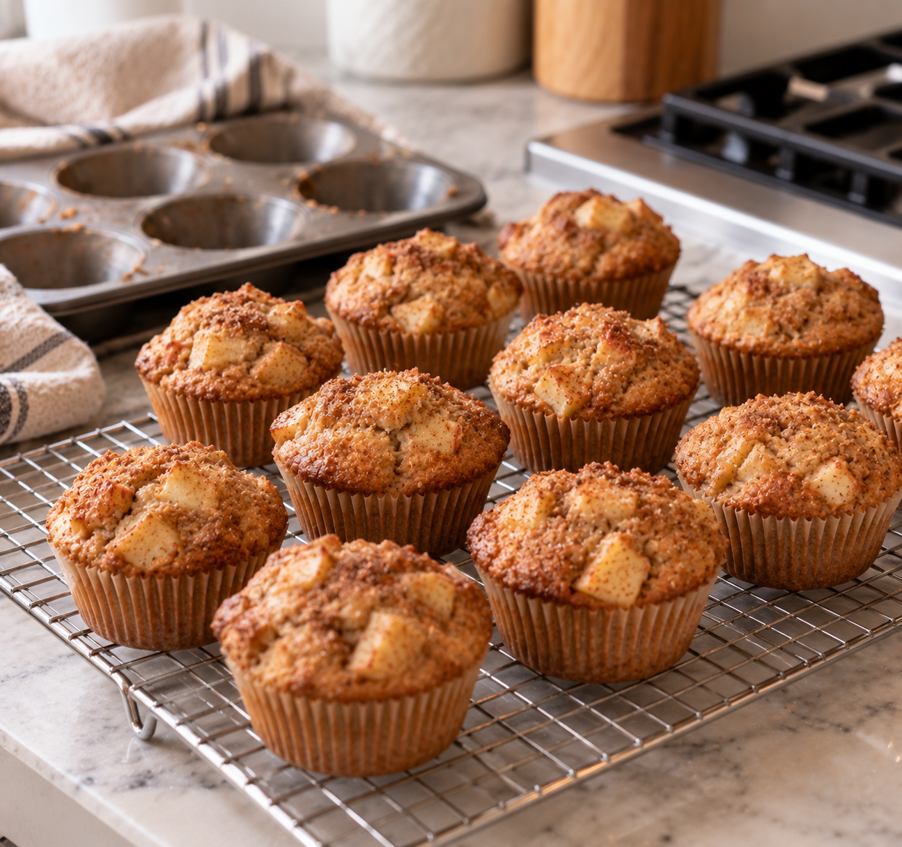 Twelve freshly baked apple cider streusel muffins cooling on a wire rack, domed and golden, with visible apple pieces and crumbly topping