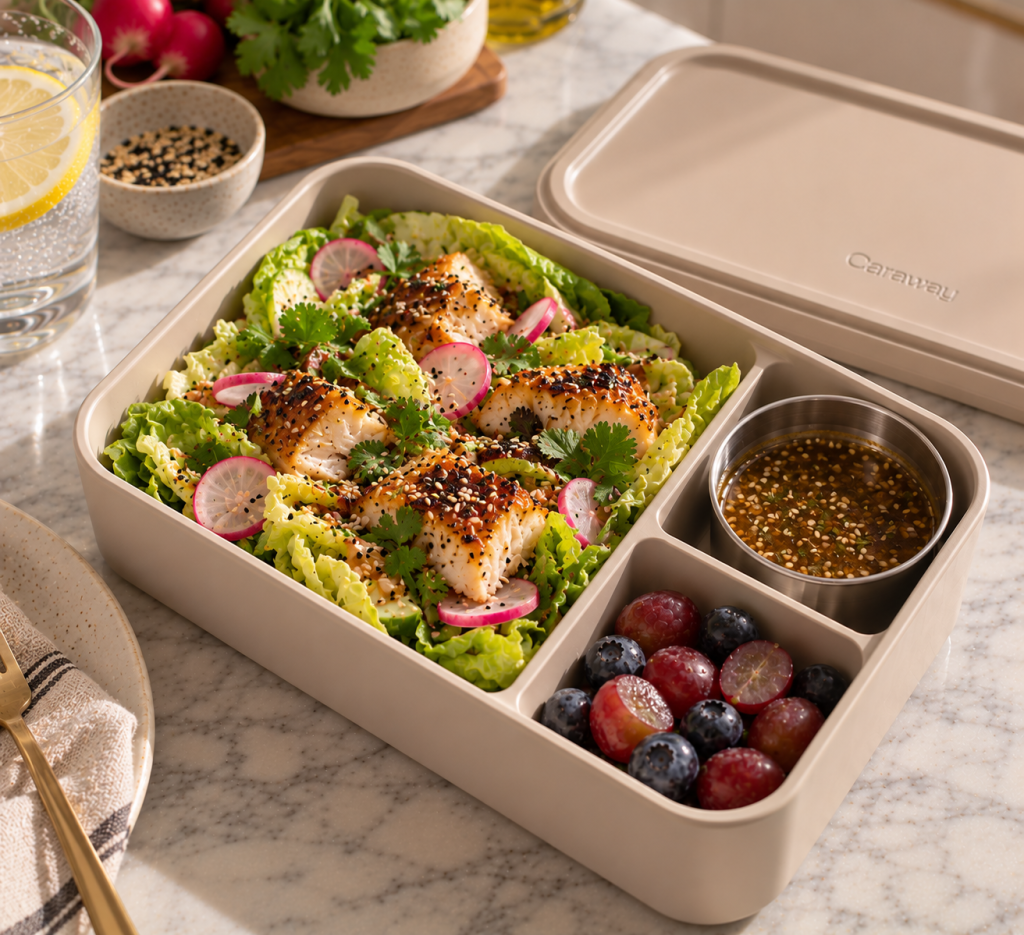 A meal prep container filled with a salad featuring grilled fish, lettuce, radishes, and cilantro, accompanied by a small bowl of dipping sauce and a portion of mixed berries.