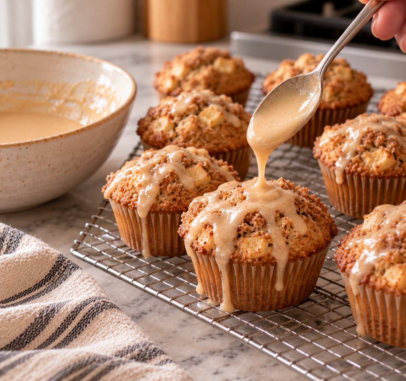 A spoon drizzling maple glaze over streusel-topped apple cider muffins on a wire rack