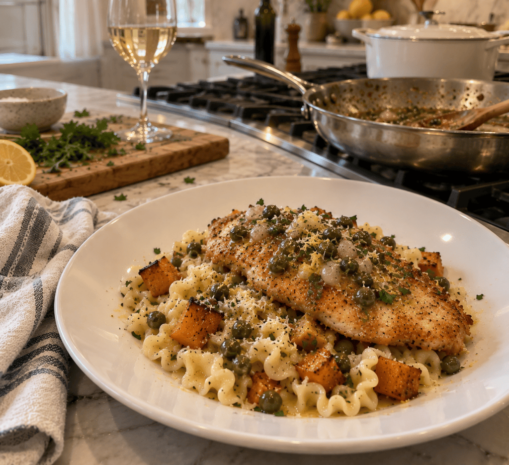 Golden Chicken Pasta with Capers