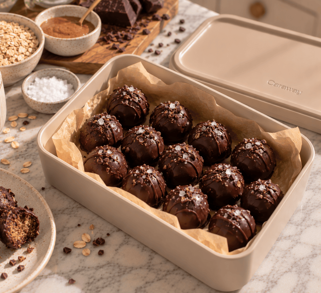 A tray filled with round chocolate truffles topped with sea salt and nuts, placed on a marble countertop next to various baking ingredients like oats, cocoa, and chocolate.