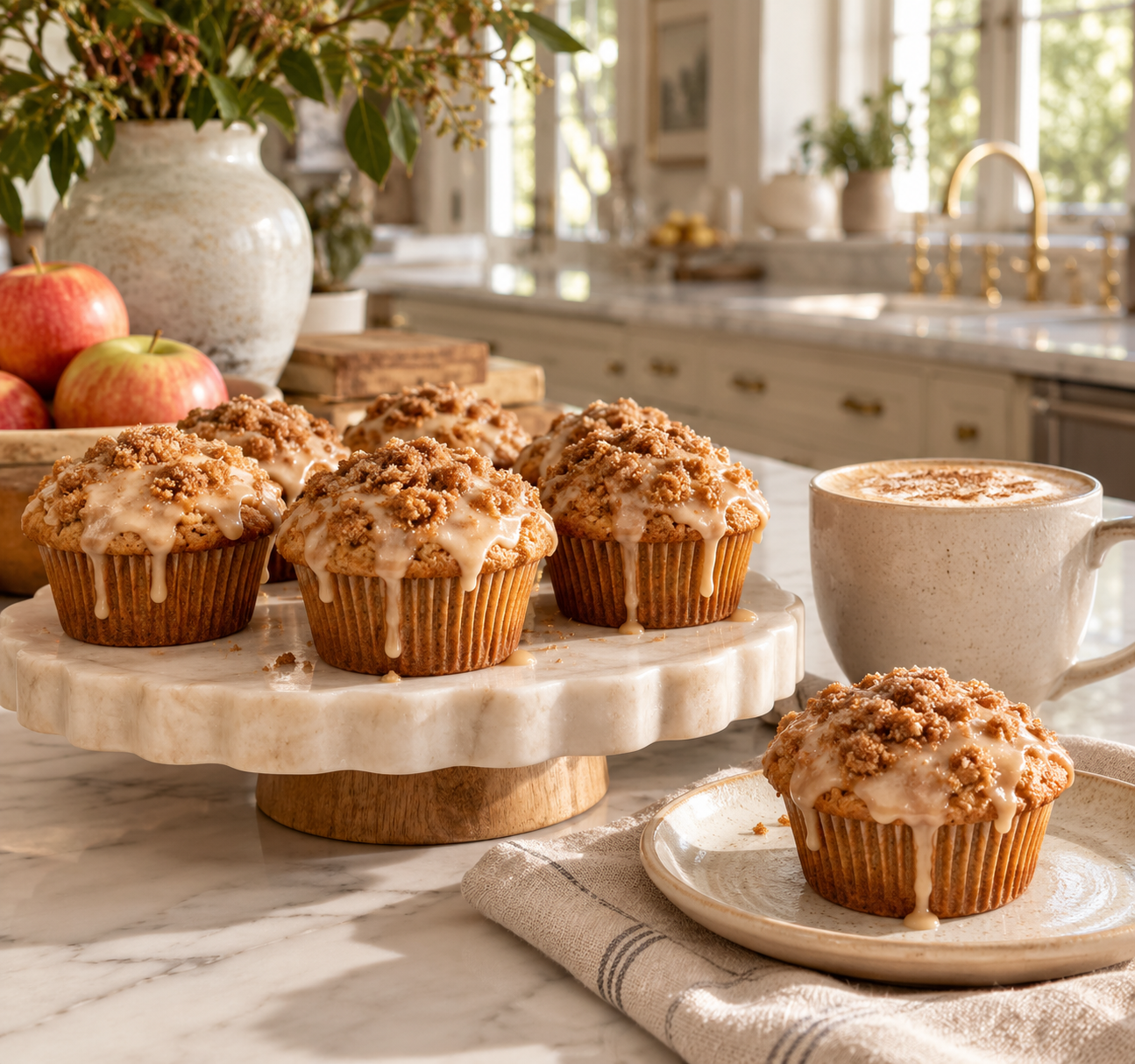 Maple-glazed apple cider muffins with streusel topping displayed on a marble cake stand beside a cozy latte