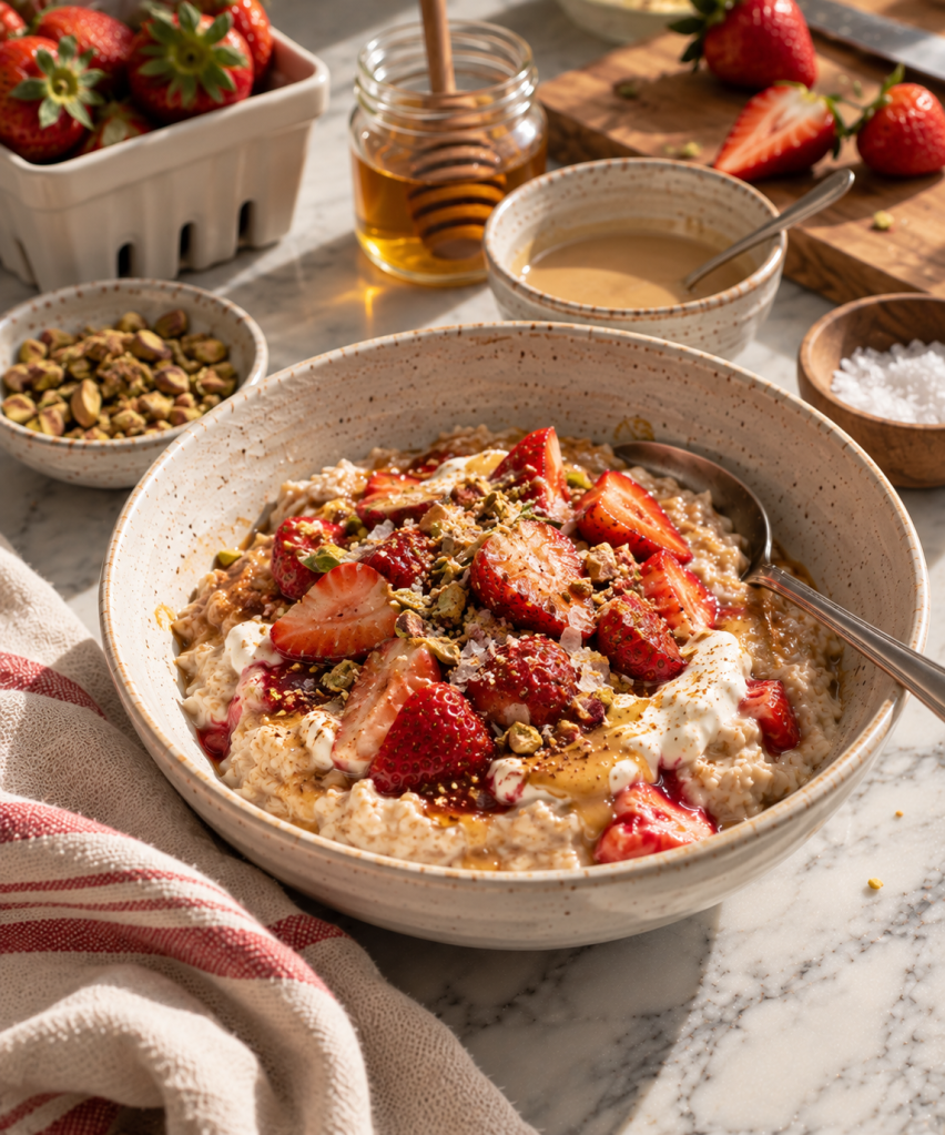 A bowl of oatmeal topped with fresh strawberries, honey, yogurt, crushed pistachios, and a sprinkle of salt, set on a marble countertop with additional strawberries, honey jar, and a small bowl of nut butter in the background.