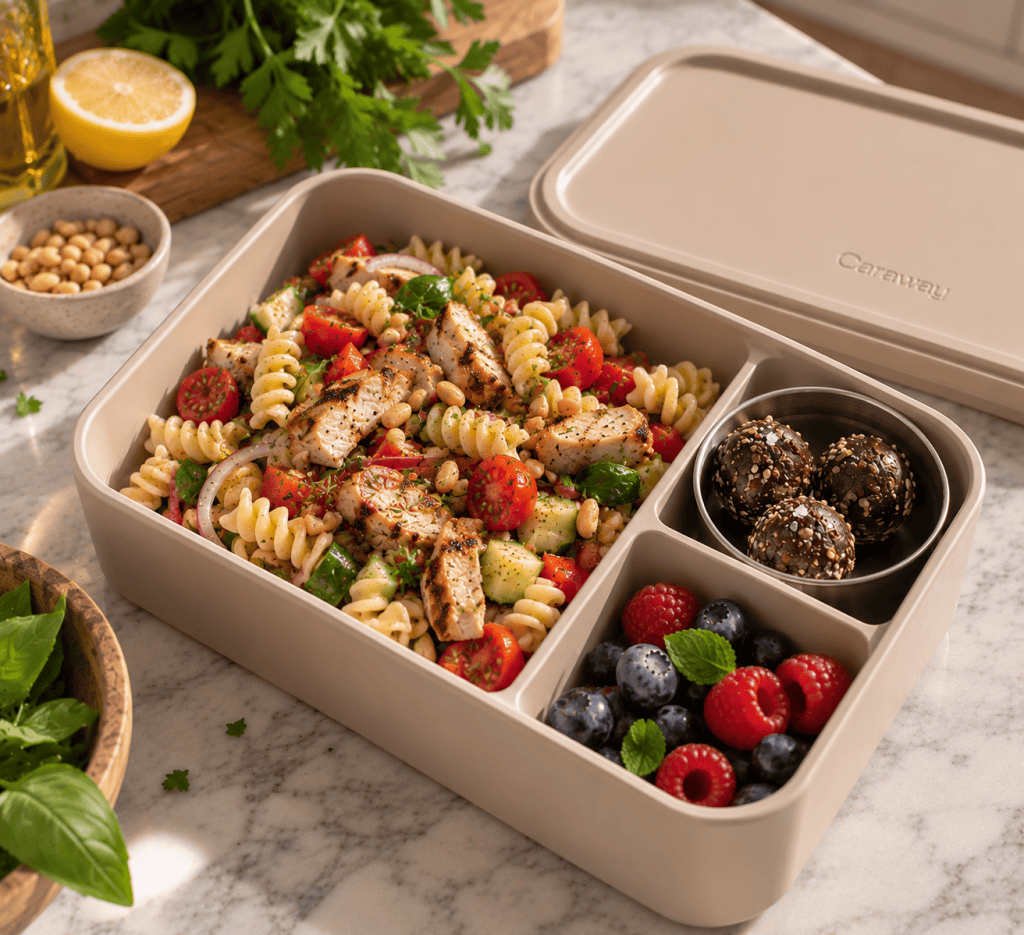 A beige lunch box filled with pasta salad featuring fusilli, grilled chicken, cherry tomatoes, cucumbers, and herbs, accompanied by fresh blueberries, raspberries, and sesame energy balls.