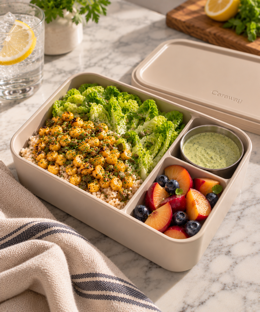 A meal prep container filled with grilled corn coated in spices, served on a bed of couscous alongside fresh romaine lettuce, a small bowl of green dressing, and a side of sliced peaches and blueberries.