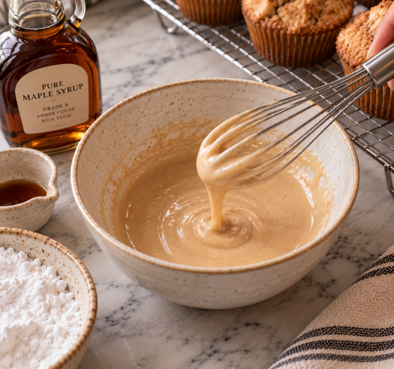 A whisk lifting silky maple glaze from a ceramic bowl, with a bottle of pure maple syrup and powdered sugar in the background